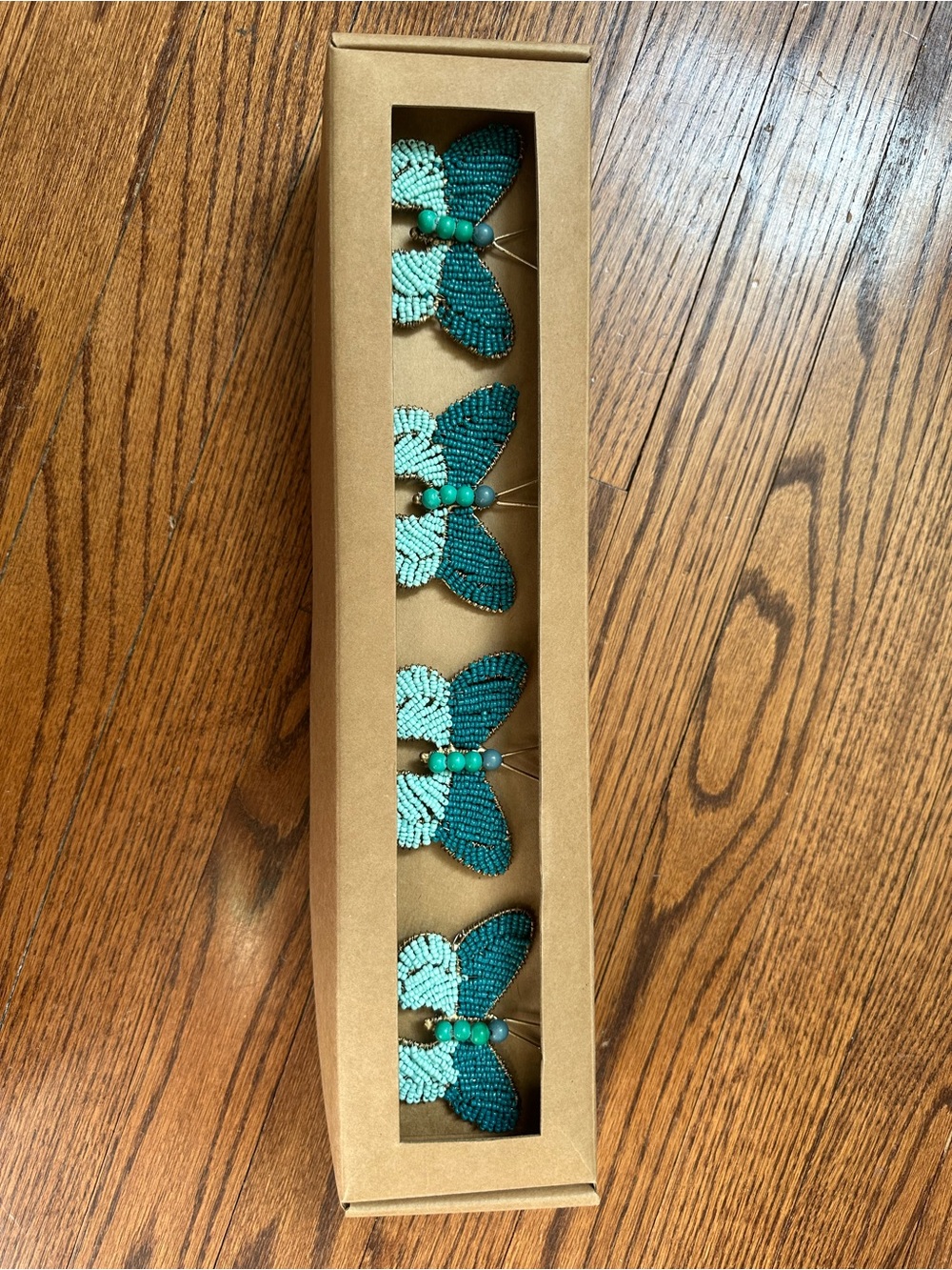 New Set of 4 Pottery Barn Teal/ Aqua Blue Beaded Butterfly Napkin Holders/ Rings